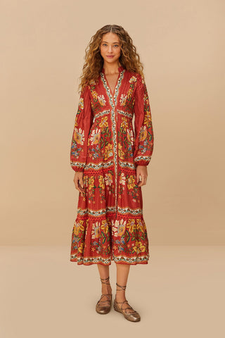 Garden Delight Red Long Sleeve Midi Dress