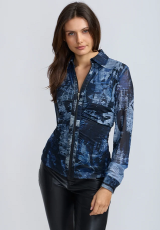 Abstract Print Zip Mesh Blouse