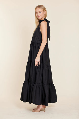 Poplin Tie Neck Tiered Long Dress