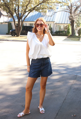 Solid Poplin VNeck Bubble Top
