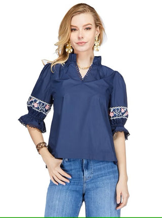 Joy Joy Floral Trim Sprit Neck Top