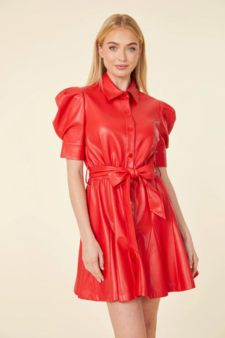 Vegan Leather Puff Sleeve Dress