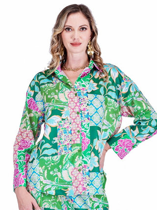 Split V-Neck Collar Blouse in Garden Quilt