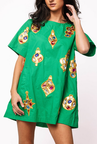 Green & Gold Jeweled Ornament Cotton Short Sleeve Dress