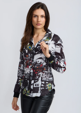 Newspaper Print Button Down Blouse