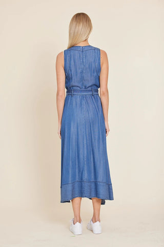 Denim Sleeveless Belted Long Dress