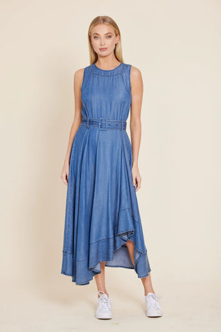 Denim Sleeveless Belted Long Dress
