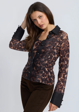Leopard Pleather Trim Organza Blouse