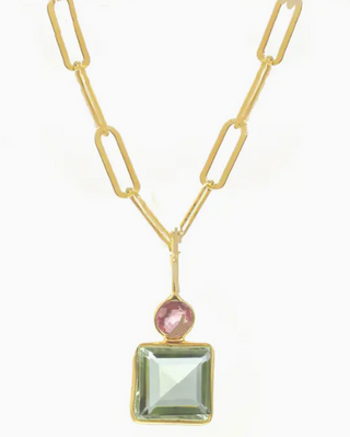 Pink and Sea Foam Green Quartz Bezel Necklace